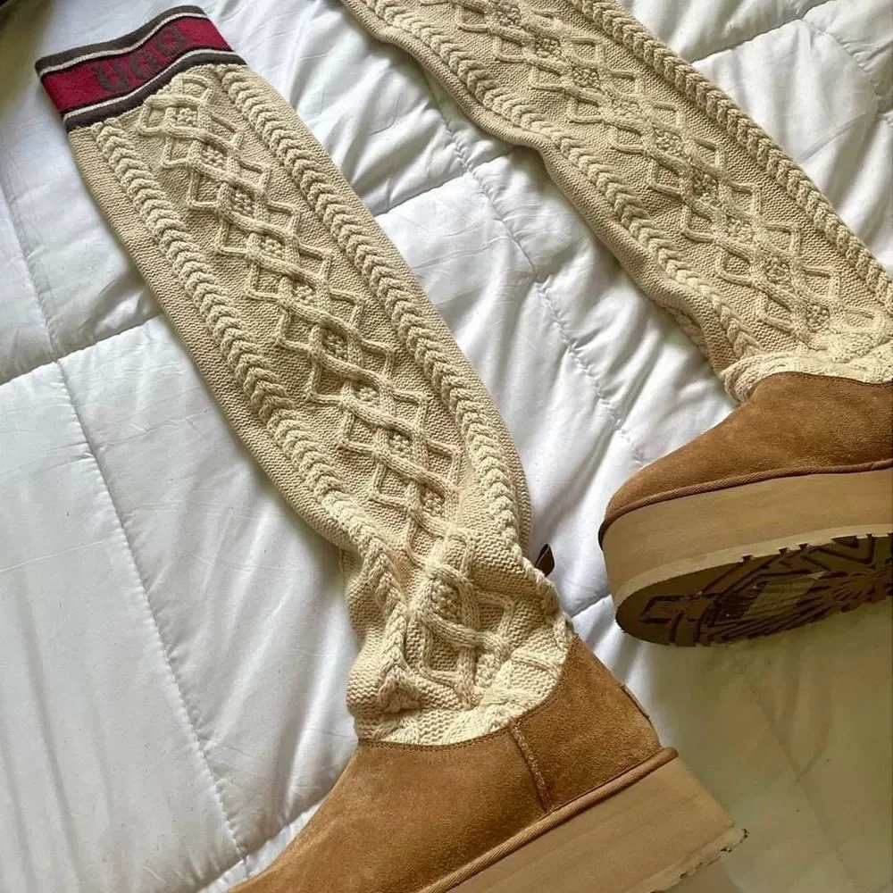 NEW UGG Platform Classic Sweater Letter Cream Tan Winter Boots Knit Boots 9